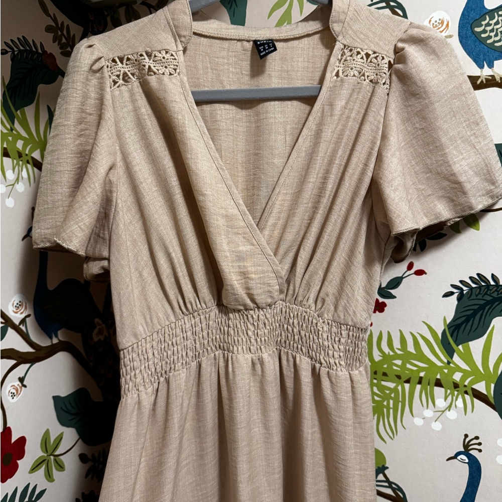 SHEIN Tan Maxi Dress with Ruffle Sleeves and Lace Detailing